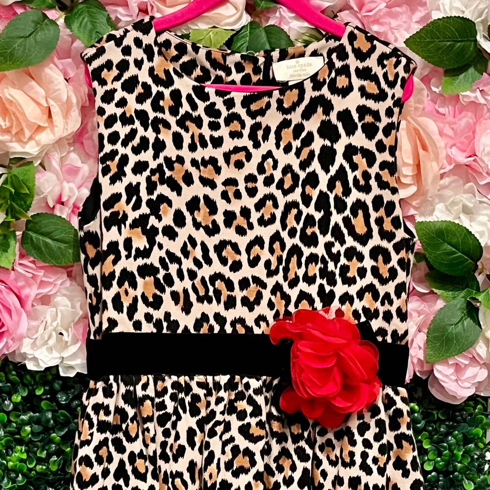 Kate Spade Girls Leopard Dress w/Side Pockets & a Red Tulle Flower Accent Size 8